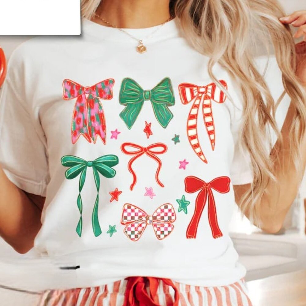 Christmas Bow Shirt, Graphic Christmas Shirt